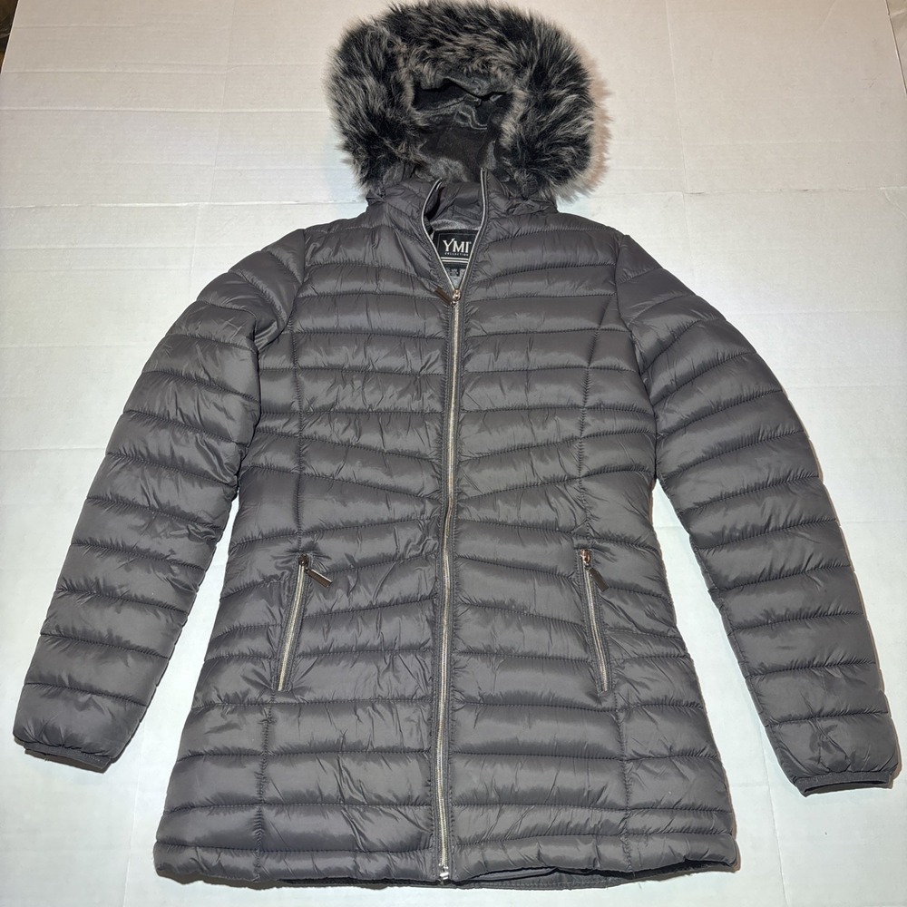 YMI Collection Gray Puffer Coat Faux Fur Hood Zip Size Medium m Jacket Women